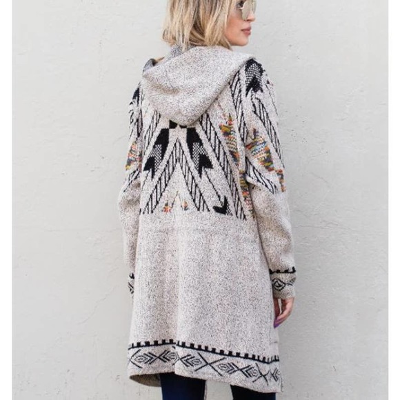 Aztec Print Hoodie Cardigan with Waist Drawstring - Picture 3 of 4